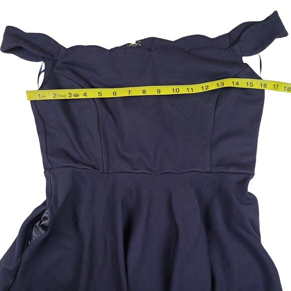 Modcloth Dress Large Off Shoulder Scalloped Collar Blue Navy Pockets - Picture 3 of 5